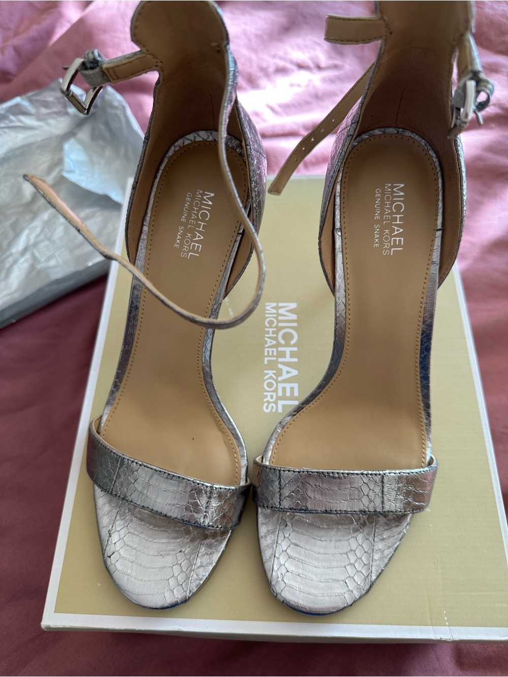 Michael Kors Silver Snake-Embossed Ankle-Strap Heels